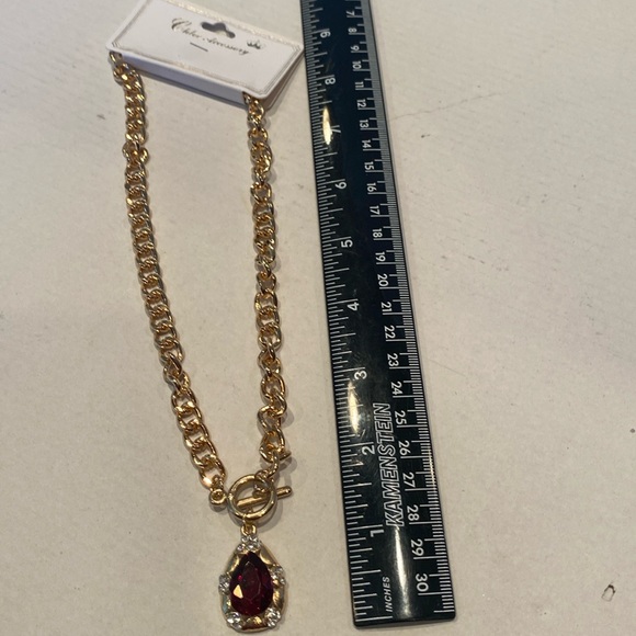 NWT Chloe Faux Ruby w/Rhinestones Pendant w/Heavy Goldtone Link Chain - Picture 4 of 4